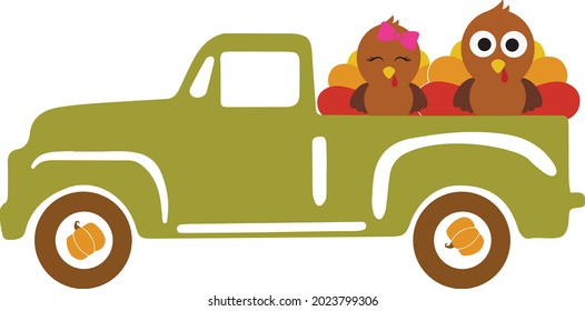 Happy thanksgiving truck with turkey svg vector Illustration isolated on white background. Happy thanksgiving shirt. Green fall truck. Autumn truck sublimation svg