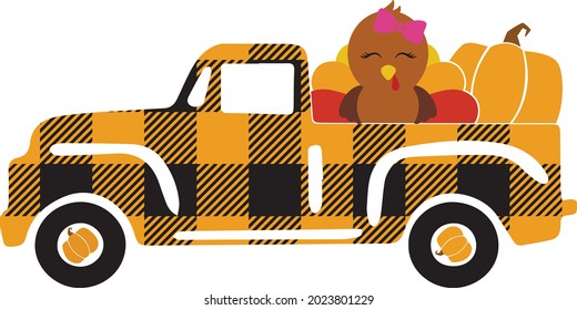 Happy thanksgiving truck with turkey svg vector Illustration isolated on white background. Happy thanksgiving shirt. Green fall truck. Autumn truck sublimation. Buffalo plaid fall truck svg