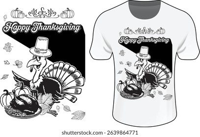 Happy Thanksgiving T-Shirt Design with Turkey and Pumpkins