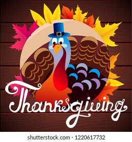 happy thanksgiving, Turkey, autumn leaves, wooden background, vector illustration