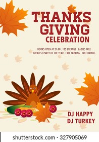 Happy thanksgiving turkey with autumn leaves, vector Flyer.