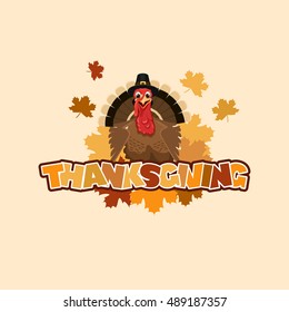 Happy thanksgiving turkey with autumn leaves, vector card