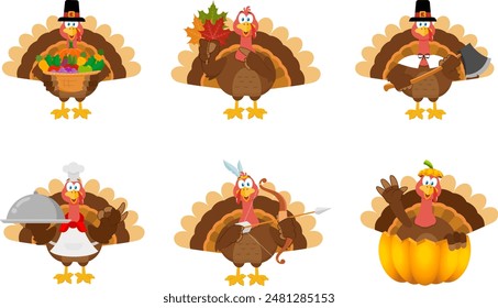 Happy Thanksgiving Turkey Vogel Cartoon Charakter. Vektorgrafik Flaches Design Kollektion Set isoliert auf transparentem Hintergrund