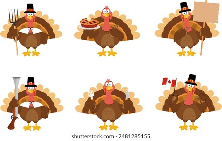 Happy Thanksgiving Turkey Vogel Cartoon Charakter. Vektorgrafik Flaches Design Kollektion Set isoliert auf transparentem Hintergrund