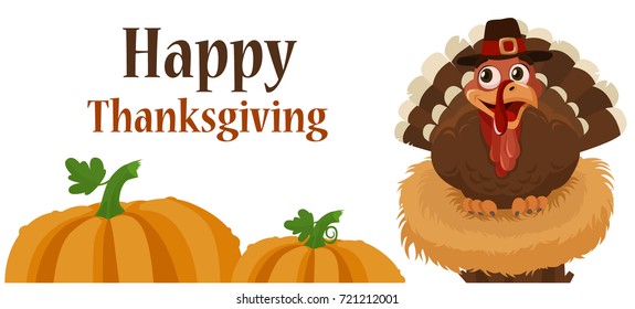 Happy Thanksgiving Turkey Bird Wearing A Pilgrim Hat with two Pumpkins. Vector Illustration 