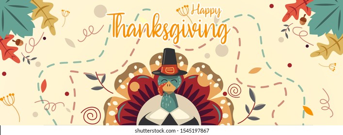 happy thanksgiving turkey day banner with autumn mapple theme