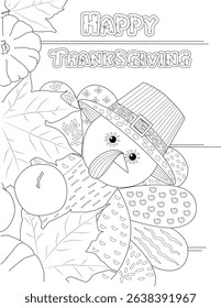 Happy Thanksgiving Turkey and Fall Harvest Coloring Page, Black and white outline illustration for a Thanksgiving coloring book page. Features a cute cartoon turkey wearing a pilgrim hat surrounded