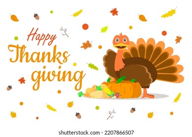 Happy thanksgiving with turkey and harvest crop vector illustration
