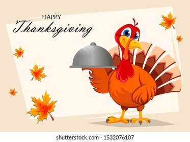 Happy Thanksgiving. Thanksgiving turkey holding domed tray. Vector illustration with maple leaves on background