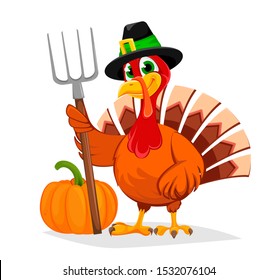 Happy Thanksgiving. Thanksgiving turkey holding pitchfork. Vector illustration isolated on white background