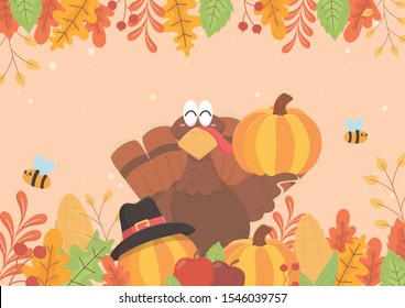 happy thanksgiving turkey holding pumpkin bees and foliage celebration vector illustration