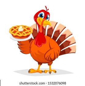 Happy Thanksgiving. Thanksgiving turkey holding sweet pie. Vector illustration isolated on white background