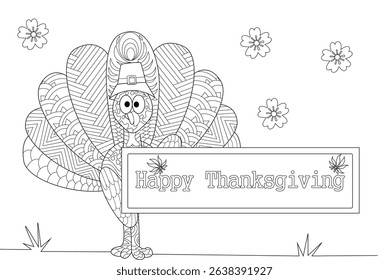 Happy Thanksgiving Turkey Line Art, Black and white line art illustration of a cute cartoon turkey wearing a pilgrim hat and holding a sign that says Happy Thanksgiving. The turkey has decorative