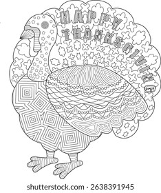 Happy Thanksgiving Turkey Line Art Coloring Page, Detailed black and white line art illustration of a Thanksgiving turkey with 'Happy Thanksgiving' text on its tail feathers, featuring intricate