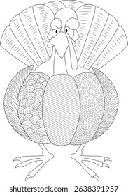 Happy Thanksgiving Turkey Line Art Coloring Page, Black and white line drawing of a stylized Thanksgiving turkey character featuring decorative patterns. Ideal for coloring pages, holiday crafts,