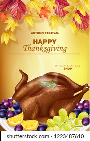 Happy thanksgiving turkey menu Vector realistic. Autumn fall 3d detailed symbols illustrations