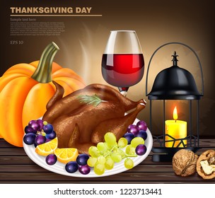Happy thanksgiving turkey menu Vector realistic. Autumn fall 3d detailed symbols illustrations
