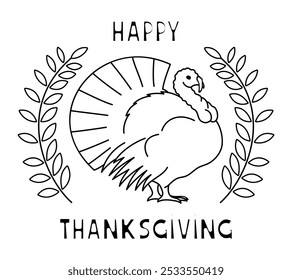 Happy Thanksgiving turkey outline drawing on white background.