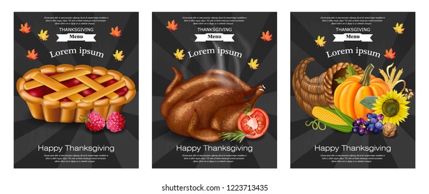 Happy thanksgiving turkey, pie menu templates Vector. 3d detailed food illustrations