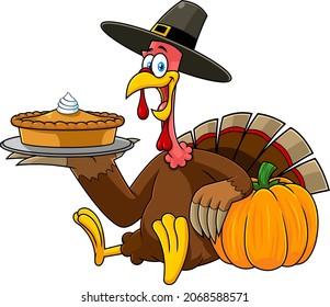 Happy Thanksgiving Turkey Pilgrim Cartoon Characters Sitting Holding A Pumpkin Pie. Vector Hand Drawn Illustration Isolated On White Background