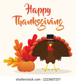 Happy Thanksgiving turkey pumpkin and autumn leaves vector illustration card graphic