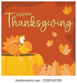 Happy Thanksgiving with turkey and pumpkin. Autumn leaves in the background. Thanksgiving concept. Flat vector illustration.