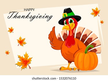 Happy Thanksgiving. Thanksgiving turkey standing near pumpkin. Vector illustration with maple leaves on background