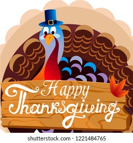 happy thanksgiving Turkey, tree text, vector illustration, cartoon