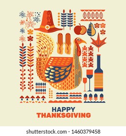 Happy Thanksgiving turkeys and decoration with design element set