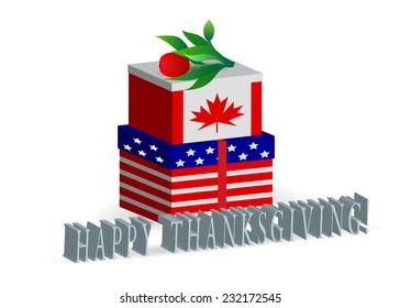 Happy Thanksgiving. Two boxes with American and Canadian flags and a flower
