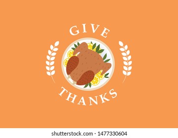 Happy Thanksgiving type. Baked turkey for Thanksgiving Day. Traditional food. Thanksgiving Turkey on the plate. Vector illustration and typography. Invitation card

