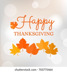 happy thanksgiving typographic headline with maple leave on bokeh background for poster or banner
