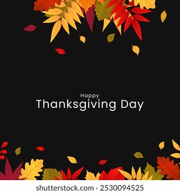 Happy thanksgiving typography with autumn leaves on black background. Vector illustration