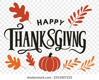 Happy Thanksgiving typography design with festive elements, perfect for seasonal decorations and holiday greetings. Ideal for invitations, cards, and posters. Vector