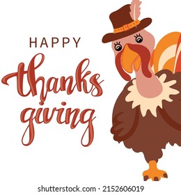 Happy Thanksgiving typography poster with cartoon turkey. Celebration design for postcards, posters and banners. Vector illustration.