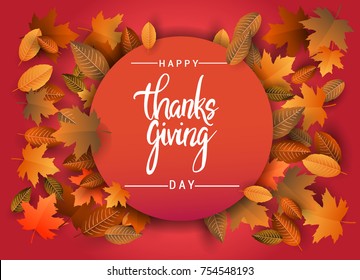 Happy Thanksgiving typography poster isolated with leaves for Thanksgiving postcard, icon or badge. Vector calligraphy lettering holiday quote