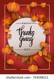 Happy Thanksgiving typography poster isolated with leaves and pumpkins for Thanksgiving postcard, icon or badge. Vector calligraphy lettering holiday quote