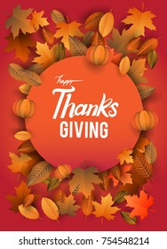 Happy Thanksgiving typography poster isolated with leaves and pumpkins for Thanksgiving postcard, icon or badge. Vector calligraphy lettering holiday quote