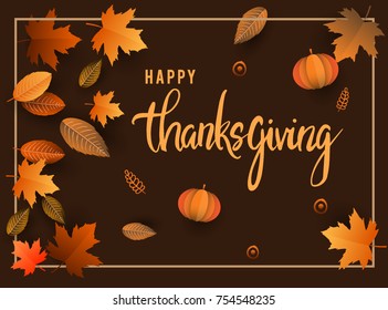 Happy Thanksgiving typography poster isolated with leaves and pumpkins for Thanksgiving postcard, icon or badge. Vector calligraphy lettering holiday quote