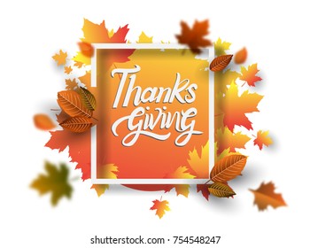 Happy Thanksgiving typography poster isolated with leaves for Thanksgiving postcard, icon or badge. Vector calligraphy lettering holiday quote