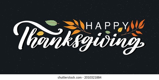 Afiche de la tipografía feliz de Acción de Gracias sobre fondo texturado con coloridas hojas de otoño. Feliz diseño del logo de Acción de Gracias como logo, insignia, tarjeta de saludo, invitación.