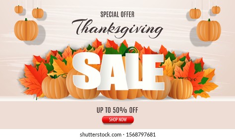 Happy Thanksgiving, USA Thanksgiving day. Beautiful template for sale promotion and advertising card, flyer, poster, banner. Sale message decorated with autumn leaves, pumpkins and beige background.