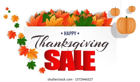 Happy Thanksgiving, USA Thanksgiving day. Beautiful template for sale promotion and advertising card, flyer, poster, banner. Decorated with autumn leaves, hanging pumpkins and sale message.