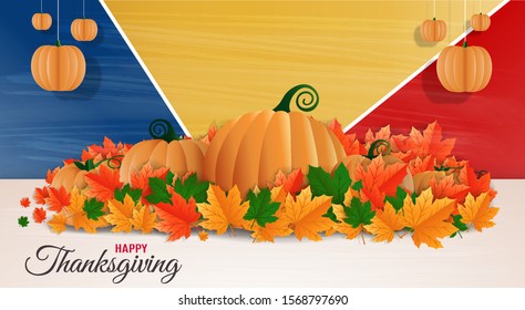 Happy Thanksgiving, USA Thanksgiving day. Colorful template for greeting card, flyer, poster, banner. Greeting message decorated with pumkins, autumn leaves and tricolor background.