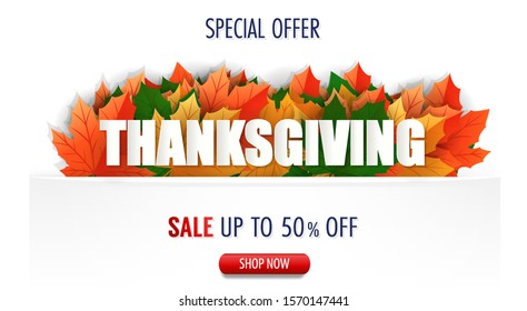 Happy Thanksgiving, USA Thanksgiving day. Nice template for sale promotion and advertising card, flyer, poster, banner. Sale message decorated with autumn leaves inside of a paper cut. 
