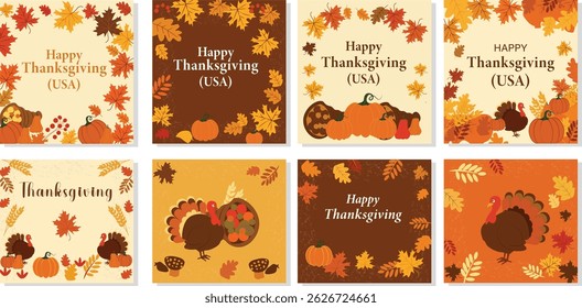  Happy Thanksgiving (USA) Illustration Set: Autumn Harvest Greetings