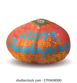 Happy Thanksgiving. Vector 3d pumpkin decorated with an ornament isolated on white background