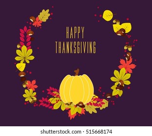 Happy thanksgiving. Vector. Autumn leaves with pumpkin.