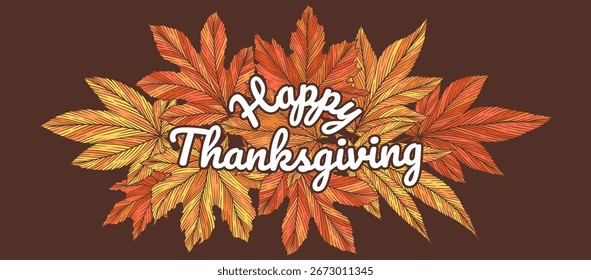 Happy Thanksgiving-Vektorbanner-Vorlage mit bunten handgezeichneten Ahornblättern einzeln auf braunem Hintergrund. Herbstblatt, Vektorgrafik. Feriengestaltung für Werbeflyer Kartenposter
