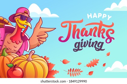 Happy thanksgiving. Vector banner for web. Cool turkey in glasses and cap among pumpkins and apples. Poster with turkey, vegetables, autumn leaves and lettering. Autumn background with flying leaves.